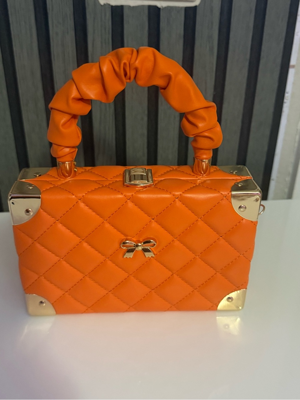 Orange Quilted Top-Handle Box Bag with Gold Accents
